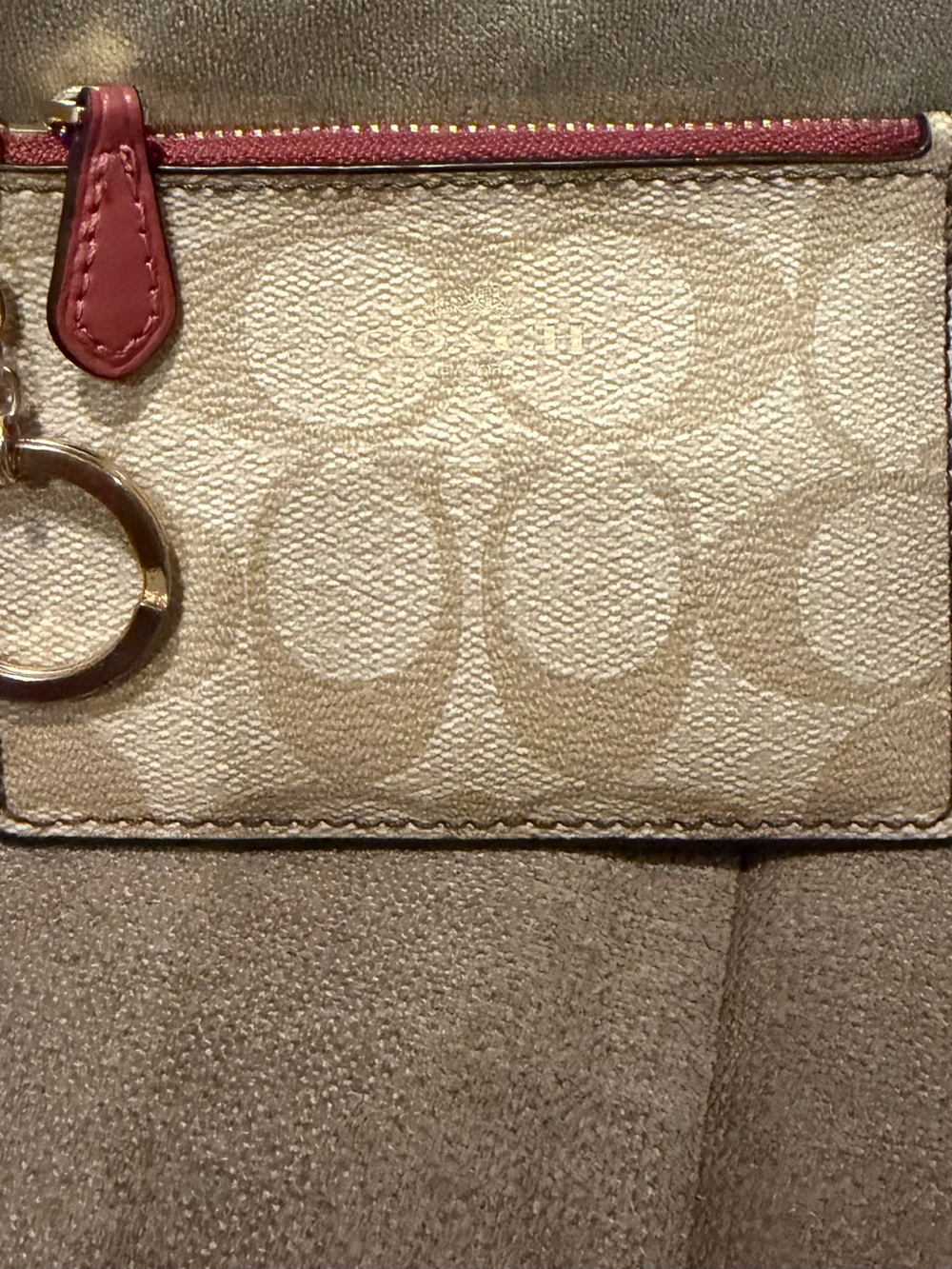 Coach Beige Signature Zip Card Case with Pink Trim and Key Ring